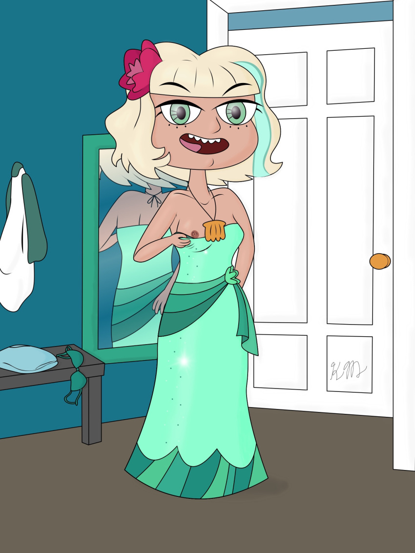 blonde_hair disney dress dressing_room female female_only green_dress green_eyes hdkyle jackie_lynn_thomas nipple nipple_slip short_hair solo star_vs_the_forces_of_evil straight_hair streaked_hair