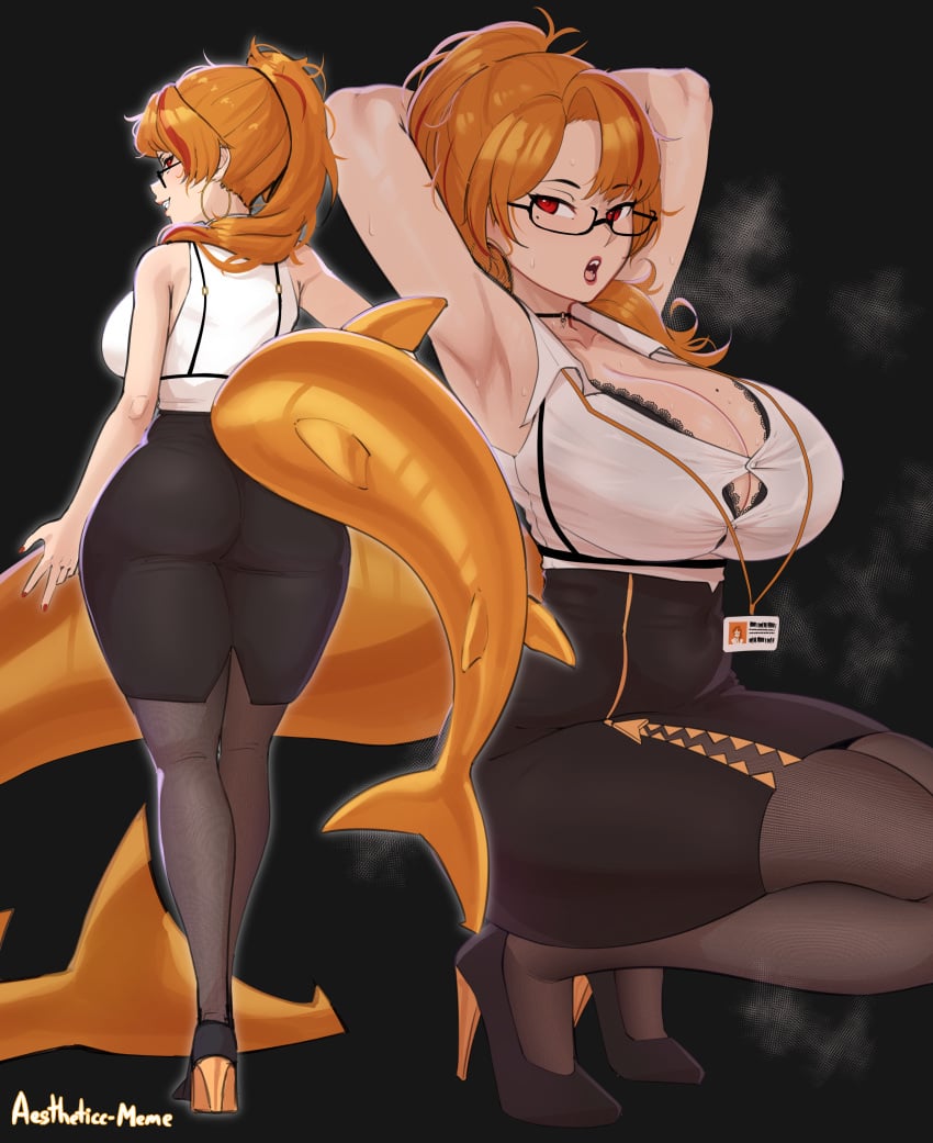 1girls aestheticc-meme arms_up big_ass big_breasts dat_ass glasses high_heels looking_at_viewer mako_fukasame orange_hair shark shark_girl shark_tail skirt tagme virtual_youtuber