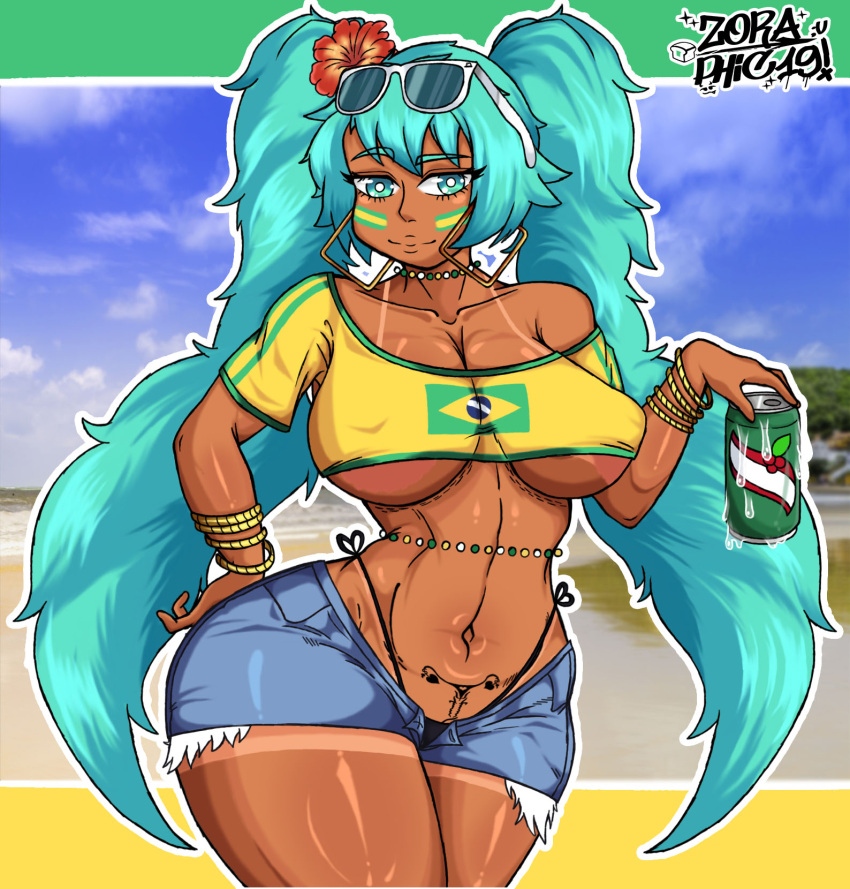 2d athletic athletic_female bare_midriff beach big_breasts bikini blue_eyes bracelet brazil brazilian brazilian_female brazilian_miku breasts busty can crop_top daisy_dukes earrings erect_nipples female female_focus female_only flower_in_hair hatsune_miku hourglass_figure large_breasts long_hair navel nipple_bulge outdoors outside phic_zora sunglasses_on_head t-shirt tagme tan tan_body tan_skin tattoo thong thong_bikini turquoise_hair twintails underwear vocaloid waist_chain wide_hips