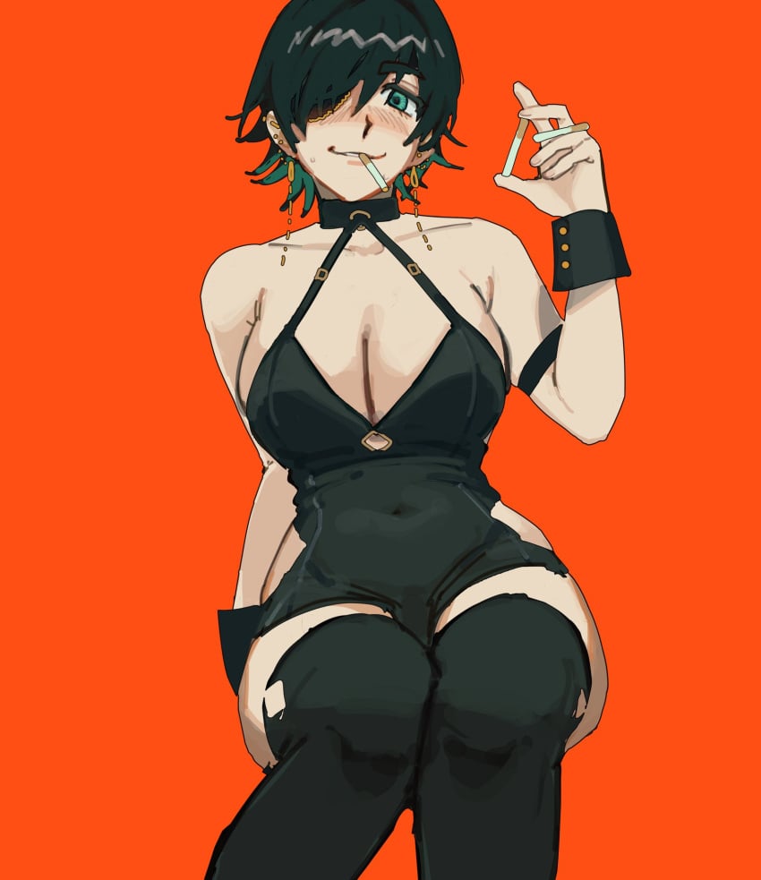 1girls 2d bare_shoulders big_breasts black_clothing chainsaw_man choker cigarette cigarette_in_mouth ear_piercing earrings goth goth_girl green_eyes green_hair himeno_(chainsaw_man) holding_cigarette large_breasts leotard liowig navel navel_outline navel_visible_through_clothes red_background simple_background smirk smirking smirking_at_viewer solo solo_female straps tagme tomboy zettai_ryouiki