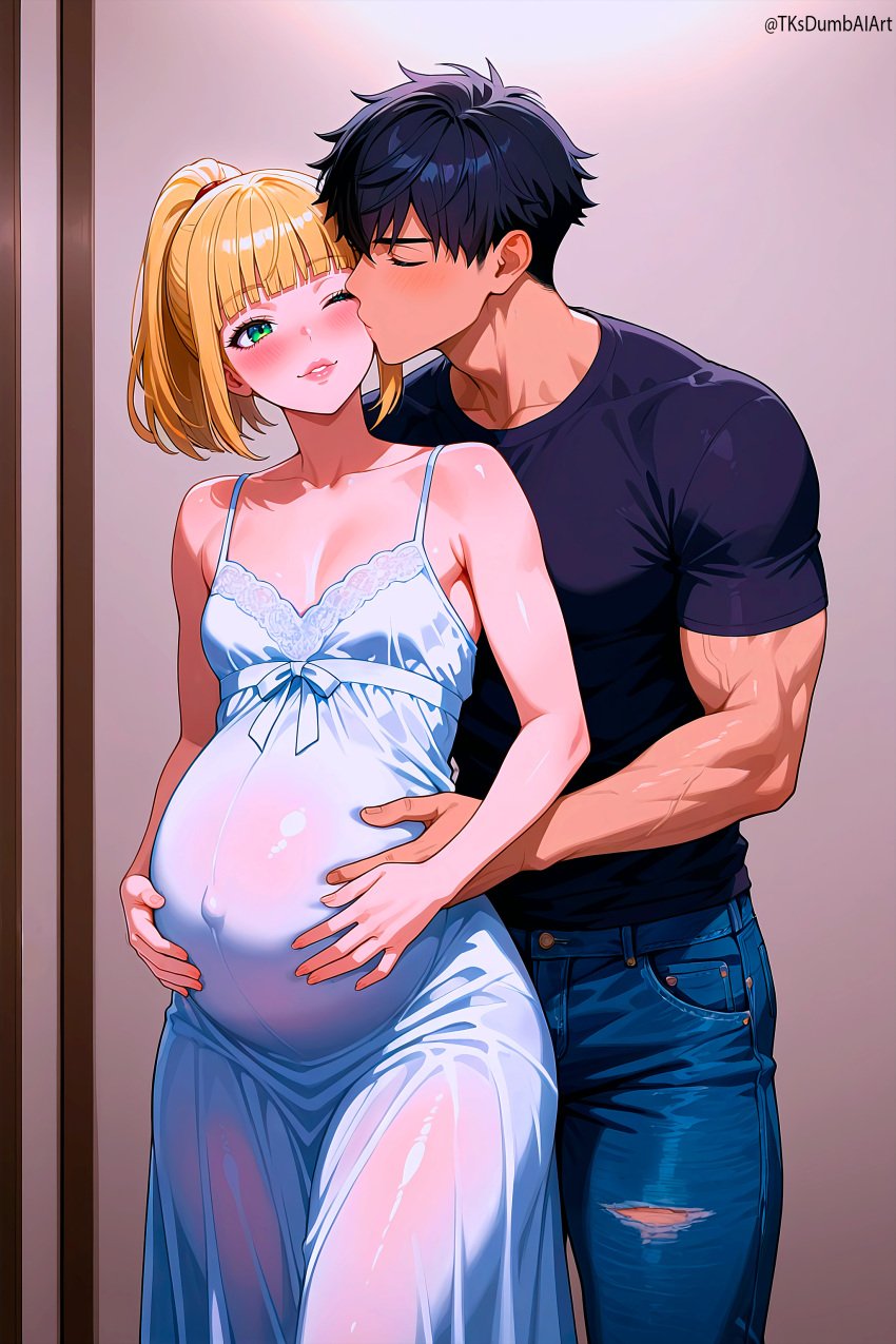 ai_generated black_hair blush closed_eyes gay green_eyes hug hug_from_behind male male_pregnancy muscular muscular_male pregnant pregnant_belly pregnant_male
