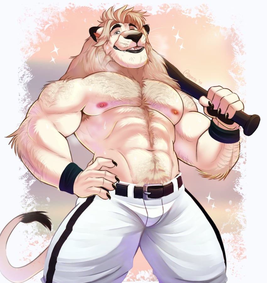 2025 abs absurd_res anthro areola arm_hair armpit_hair barazoku baseball_(sport) baseball_bat bat_(object) belt biceps big_muscles bodily_fluids body_hair bottomwear chest_hair claws clothed clothing eyebrows facial_hair felid fur hand_on_hip happy_trail hi_res holding_object leo_(saitama_seibu_lions) lion looking_at_viewer male mammal mane manly mascot muscular muscular_anthro muscular_male navel nipples nippon_professional_baseball obliques one_eye_closed pantherine pants pecs pubes saitama_seibu_lions simple_background smile solo sparkles sport standing stubble sweat thediyemi thick_arms thick_thighs topless topless_anthro topless_male tuft whiskers wink wristband