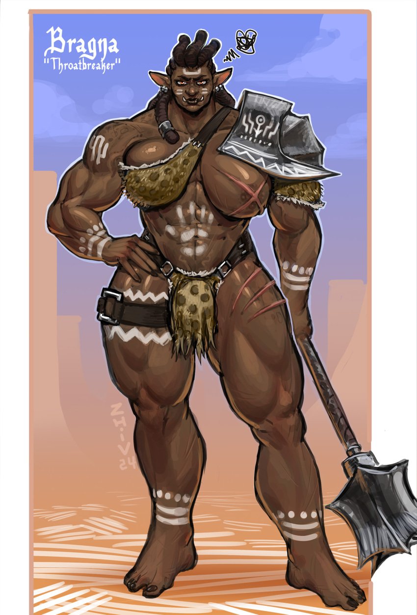 angry angry_face animal_fur athletic athletic_futanari barbarian barefoot bikini_armor body_scars bodybuilder bodypaint bragna_(zhiv) brown_hair bulge bulge_through_clothing clothed clothed_futanari club_(weapon) dark-skinned_futanari dark_skin dreadlocks ear_piercing facepaint female_warrior freckles fur_clothing futanari hand_on_hip hand_on_weapon hand_print hand_print_on_stomach highres jaguar_print leather_clothing muscular muscular_futanari one_breast_out orange_eyes orc orc_futanari original pauldrons pointy_ears scar_on_leg scar_on_nipple simple_background solo solo_futa toned toned_body tusks veins warrior zhiv