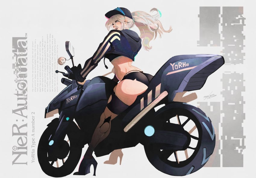 android big_ass clothed clothes_swap clothing female hat heels hoodie keychain mono_queen motorcycle nier:_automata no_pants ponytail robot stockings thigh_highs thighhighs torn_clothes torn_clothing white_hair woman_only yorha_a2