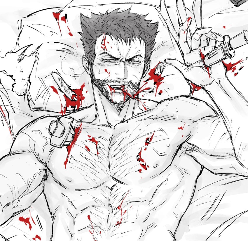 abs beard bed blood blood_on_chest blood_on_face blood_on_hands blush bone chest_hair claw_(weapon) deadpool deadpool_&_wolverine_(2024) facial_hair gay gyeleul implied_sex implied_yaoi injury knife male_focus marvel marvel_cinematic_universe marvel_comics mouth_hold muscular nipples nude on_bed pectorals pillow rough_sex severed_finger stab tears torn_pillow weapon wolverine_(x-men) x-men yaoi