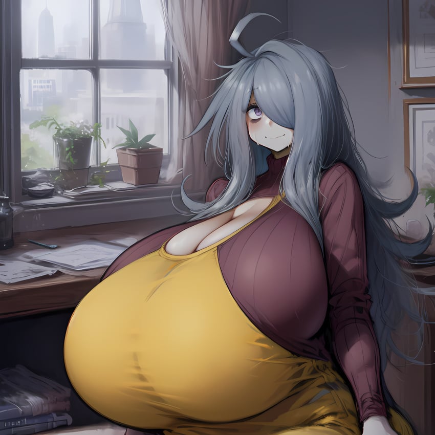 1girls ai_generated big_breasts blue_eyes blue_hair breasts gigantic_breasts grey_hair hair_over_one_eye hi_res highres huge_breasts indoors large_breasts long_hair mei_(2b213) messy_hair purple_eyes self_upload sitting smile sweat sweater window