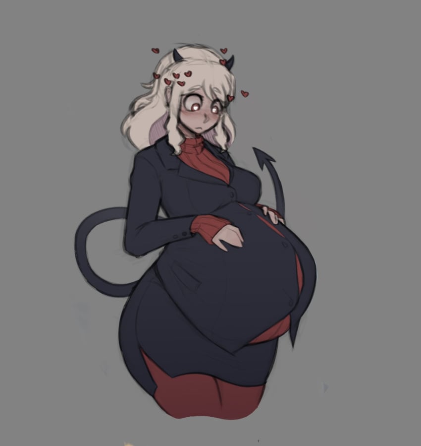 1girl 1girls child_bearing_hips demon demon_girl demon_horns demon_tail female_focus female_only fully_clothed hands_on_own_belly heart-shaped_pupils hearts_around_head helltaker leggings light-skinned_female modeus_(helltaker) pregnant red_eyes suit tagme tagme_(artist) thick_thighs white_hair wide_hips