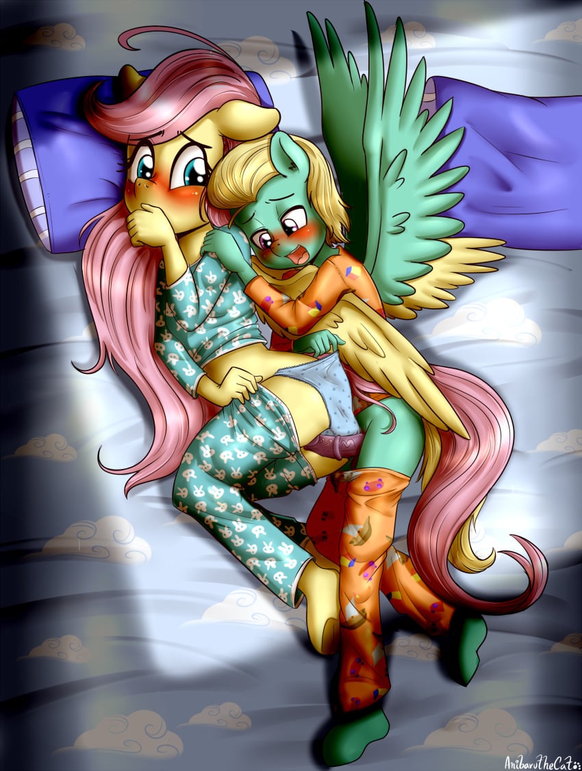 1boy 1girls 2018 anibaruthecat anthro blush brother brother_and_sister clothed clothing digital_media_(artwork) duo equine female fluttershy_(mlp) friendship_is_magic hi_res incest long_hair lying male mammal medial_ring my_little_pony older_sister open_mouth panties pegasus penis pillow sibling sister smooth_skin underwear vein wings young younger_brother zephyr_breeze_(mlp)