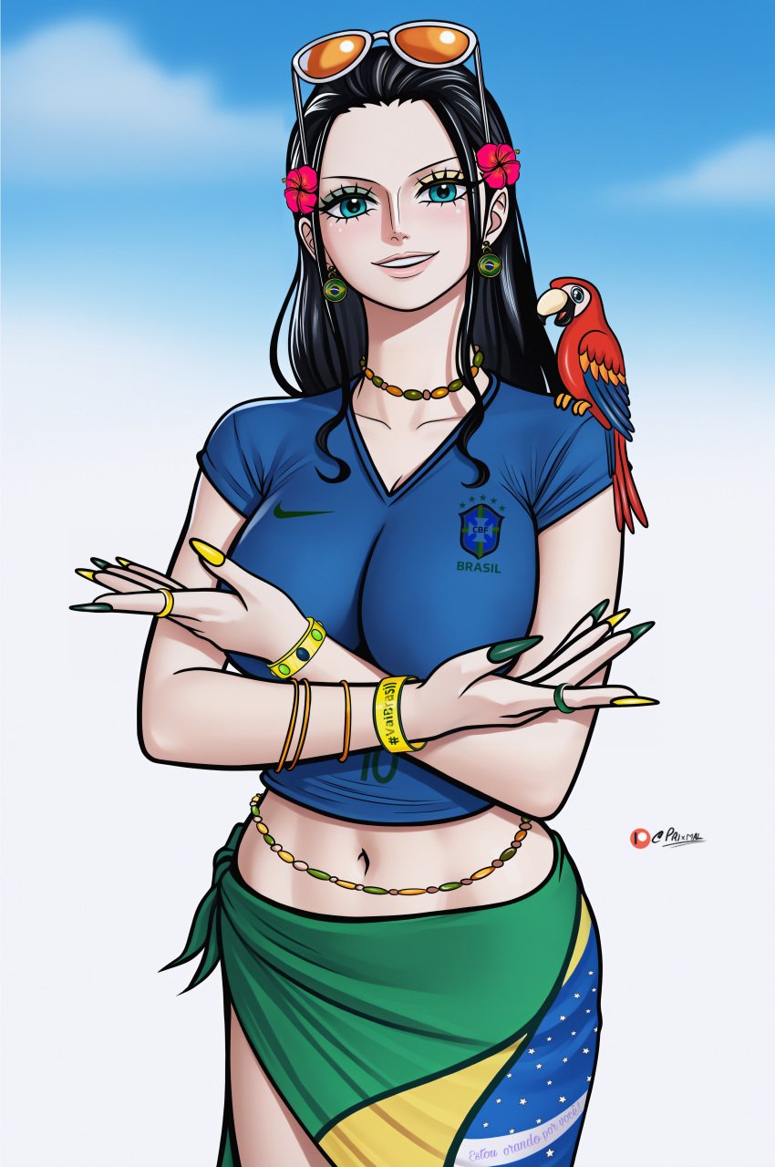 1girls black_hair brazil breasts female female_focus female_only nico_robin one_piece parrot prixmal shounen_jump sunglasses sunglasses_on_head tagme