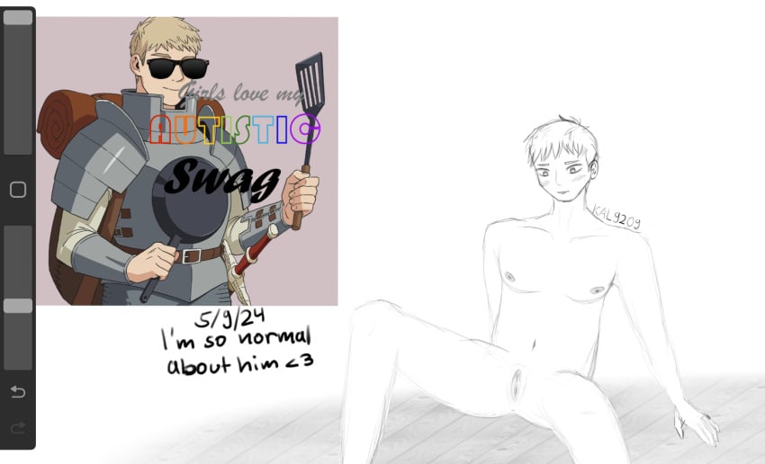 1cuntboy artist_signature cuntboy delicious_in_dungeon drawing_program dungeon_meshi laios_touden meme naked no_color pussy short_hair sketch