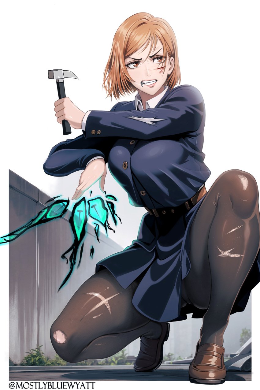 blood blue_jacket blue_skirt brown_eyes brown_footwear brown_hair female hammer highres holding holding_hammer jacket jujutsu_kaisen jujutsu_tech_uniform kugisaki_nobara loafers mostlybluewyatt mouth_hold nail pantyhose shoes skirt solo squatting torn_clothes torn_pantyhose