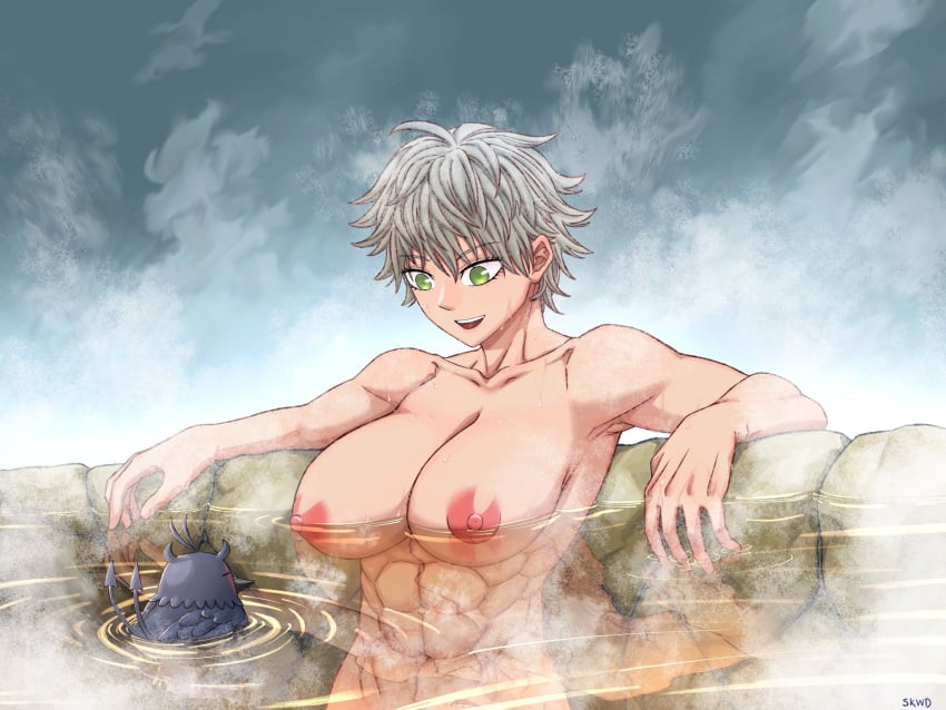 1girls asta_(black_clover) big_breasts black_clover female genderswap_(mtf) hot_spring light-skinned_female light_skin muscular muscular_female nero_(black_clover) nude nude_female onsen rule63 rule_63 rule_63 skwd steam