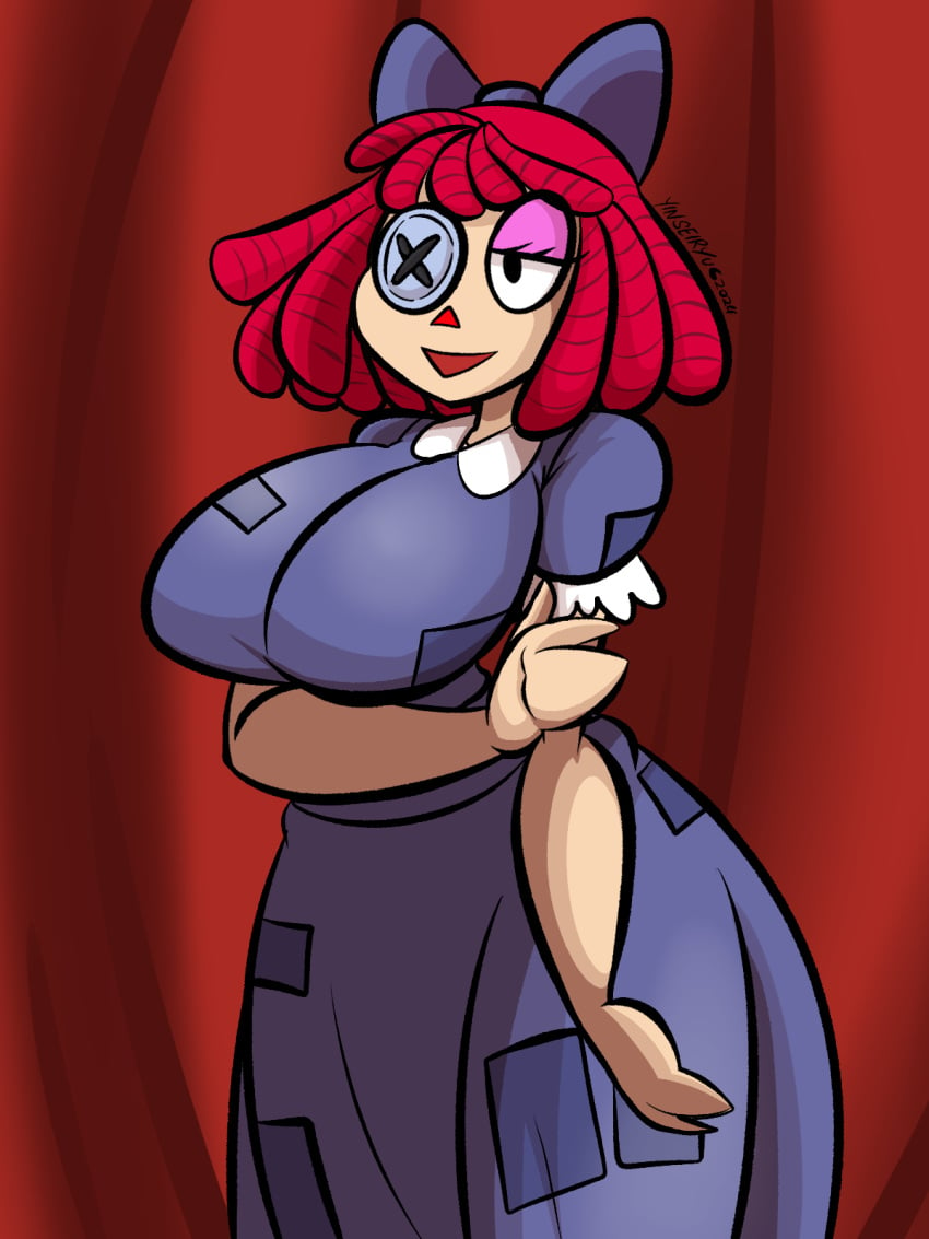 arm_grab big_breasts bow child_bearing_hips curvy curvy_body curvy_female curvy_figure doll dollification hair_ribbon hips ragatha ragatha_(the_amazing_digital_circus) red_hair shy small_waist wide_hips yinseiryu