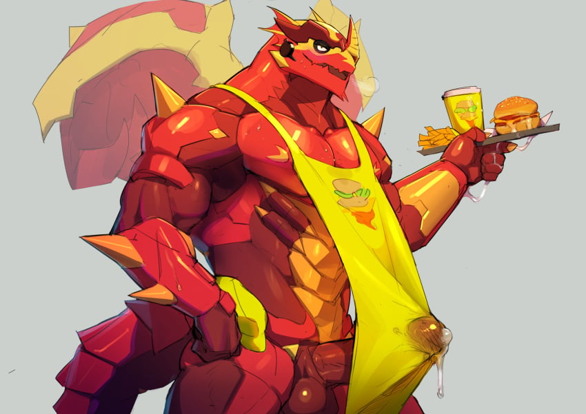 abs absurd_res anthro apron apron_only bakugan_(2023) bakugan_(series) balls big_penis bodily_fluids bulge burger clothing container cum cum_in_clothing cum_in_food cum_string cum_through_clothing cup dendryte_axxon drago_(bakugan) dragon dragonoid_(bakugan) erection european_mythology food fries genital_fluids genitals hi_res humanoid_genitalia humanoid_penis male manly muscular muscular_anthro muscular_male mythological_creature mythological_scalie mythology pecs penis red_body red_scales scales scalie serving_tray solo spikes spin_master tail tenting uncensored western_dragon wet wet_clothing winged_dragon