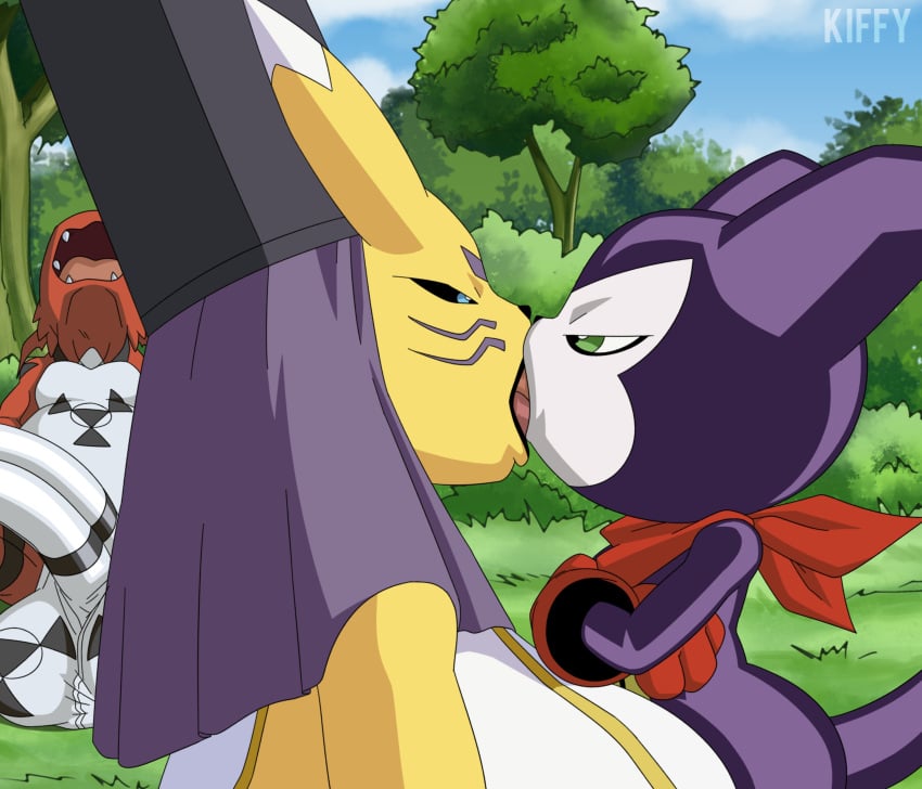 1girls 2boys absurd_res balls black_sclera blue_eyes digimon digimon_(species) female furry furry_only green_eyes guilmon huge_balls huge_cock impmon kiffy_(artist) kissing male narrowed_eyes outdoors penis size_difference taomon tongue_kiss