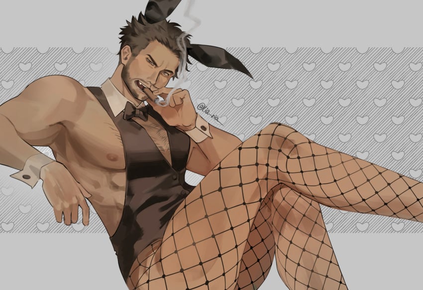 1boy abs animal_ears ass beard black_vest bow bowtie brown_hair chest_hair cigar crossed_legs detached_collar facial_hair fake_animal_ears fishnet_pantyhose fishnets gay heart holding large_pectorals lia_ria looking_at_viewer male_focus male_playboy_bunny marvel muscular muscular_male nipples pantyhose pectorals rabbit_ears short_hair sitting smoke smoking solo thighs vest wolverine_(x-men) wrist_cuffs x-men