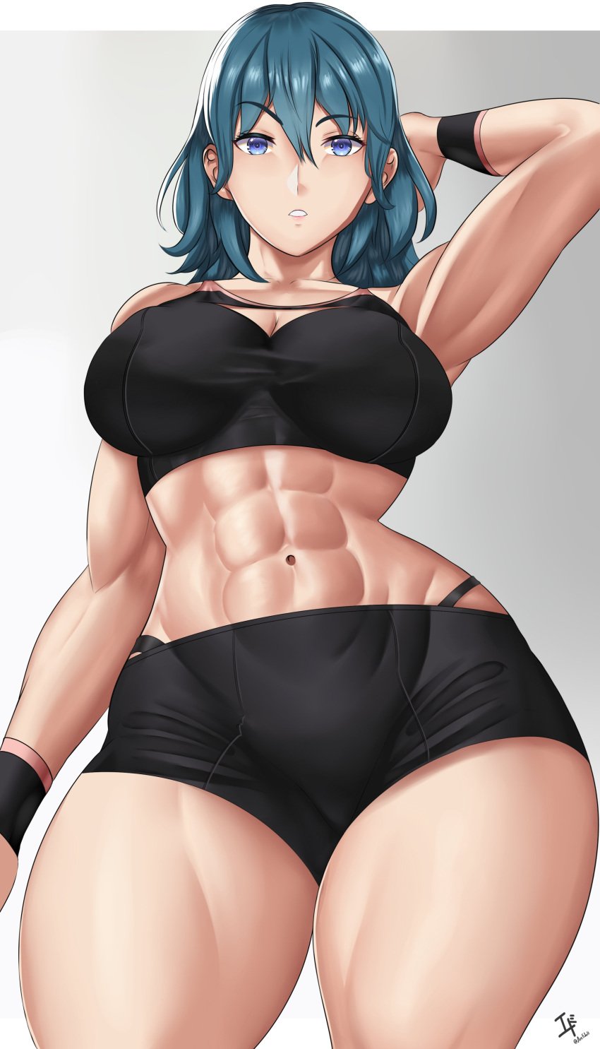 1girls abs absurdres arcedo big_breasts big_breasts blue_eyes breasts byleth_(female)_(fire_emblem) byleth_(fire_emblem) cleavage collarbone curvy fire_emblem fire_emblem:_three_houses green_eyes grey_background highres huge_breasts large_breasts long_hair looking_at_viewer muscular muscular_female navel nintendo parted_lips shorts simple_background solo sports_bra stomach thick_thighs thighs wide_hips wristband