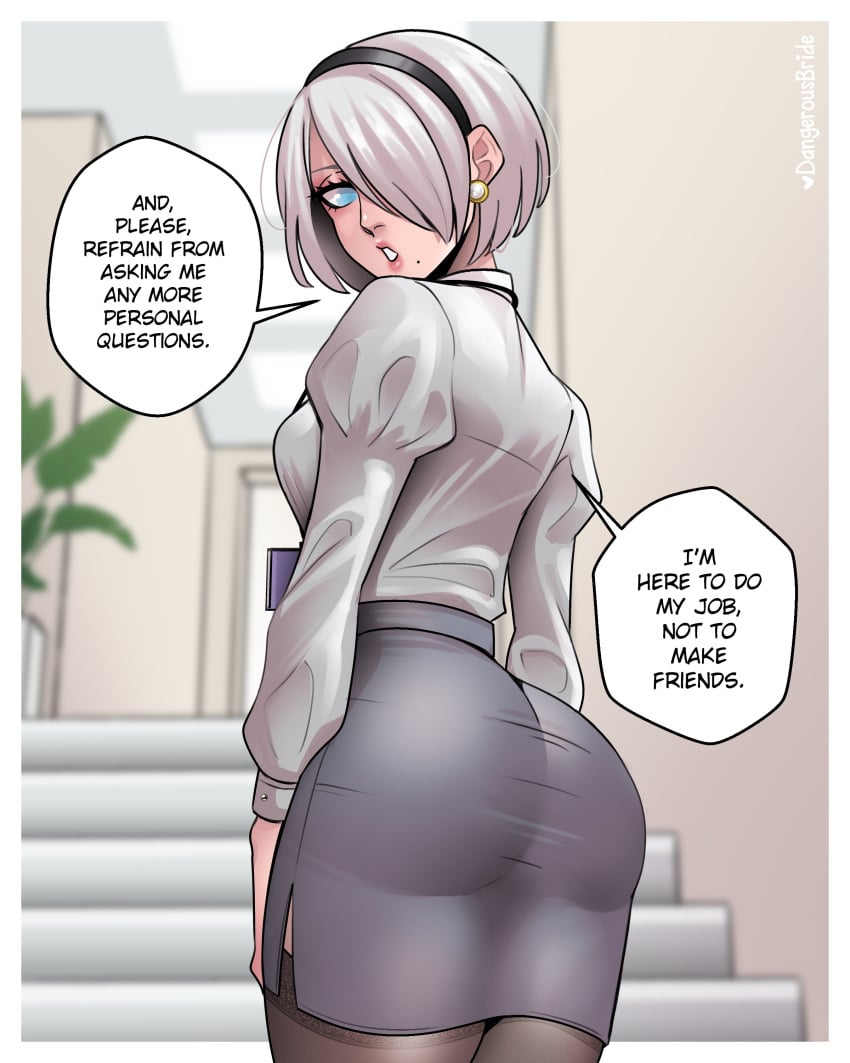 1girls ass blue_eyes dangerousbride dialogue earrings english_text female female_only hair_over_one_eye hairband looking_at_viewer looking_back looking_back_at_viewer mole mole_under_mouth nier:_automata office_lady rear_view solo speech_bubble stockings talking_to_viewer thick_ass very_high_resolution white_hair yorha_2b