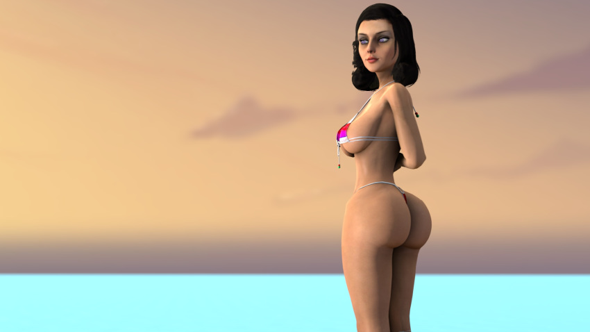 1girls 3d ass beach bikini bioshock bioshock_infinite black_hair breasts chickitychina elizabeth_comstock female female_only ocean purple_eyes solo source_filmmaker