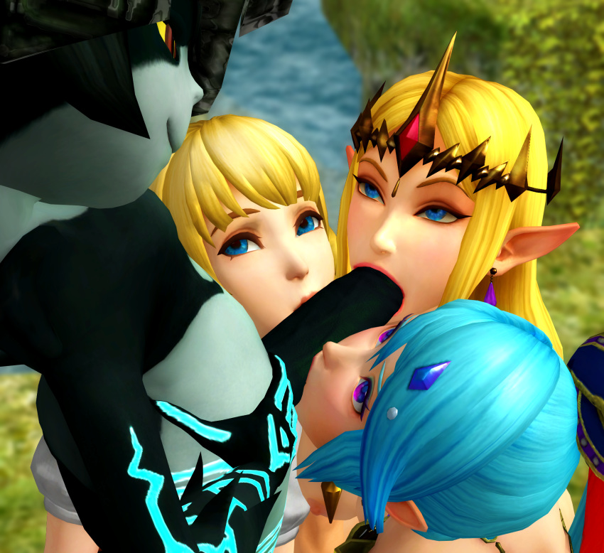 1futa 3d 3girls ball_sucking blonde_hair blue_eyes blue_hair breasts cock_worship collaborative_fellatio domination fellatio femsub foursome futa_on_female futadom futanari group hand_on_hip highres huge_cock hyrule_warriors imp_midna intersex jenbitch lana_(the_legend_of_zelda) larger_female linkle looking_at_another looking_up midna multiple_girls multiple_subs nintendo oral penis penis_awe penis_kissing pointy_ears princess_zelda purple_eyes size_difference small_breasts small_but_hung small_dom_big_sub smaller_futanari submission teamwork the_legend_of_zelda twilight_princess xnalara zelda_(hyrule_warriors)