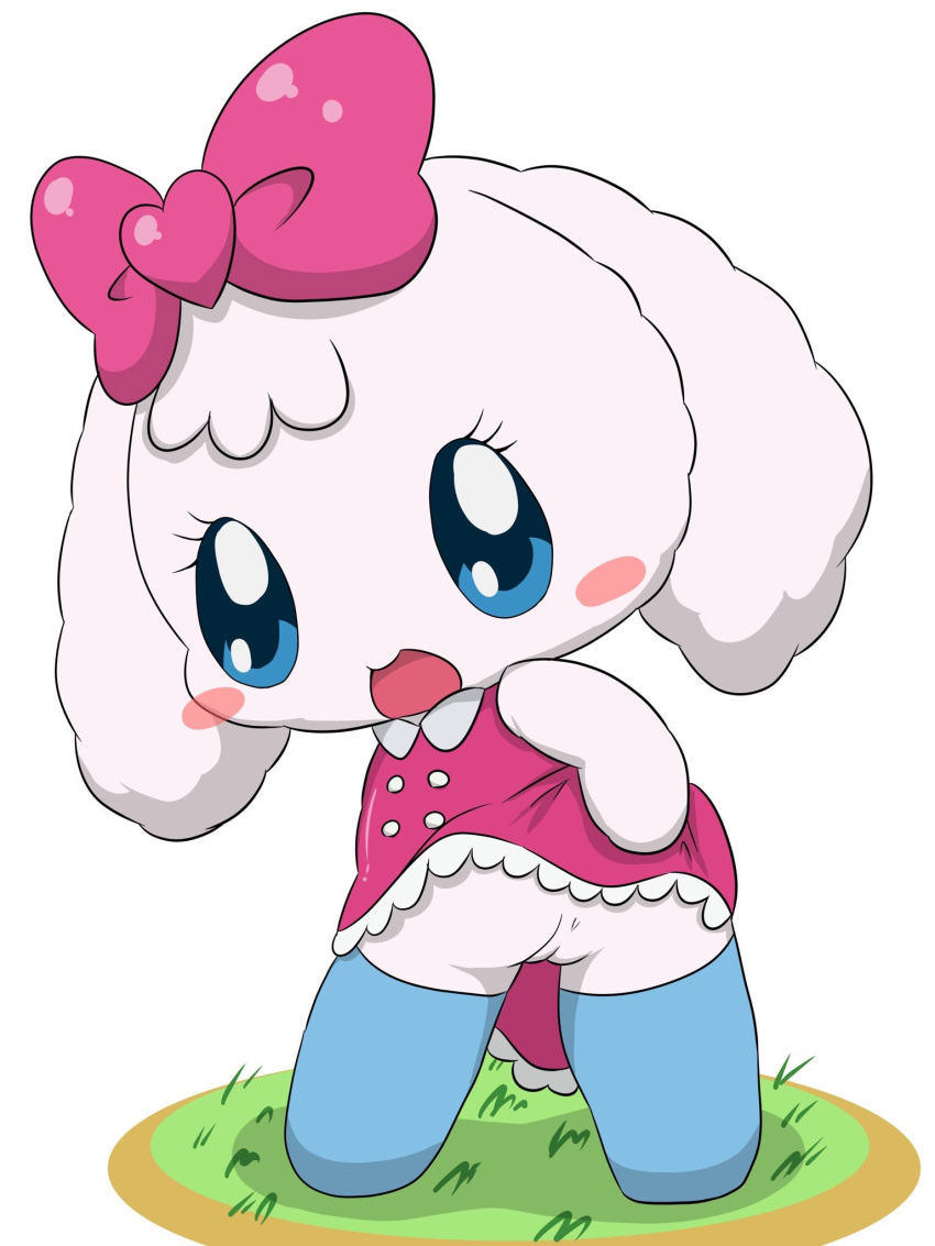 2018 ass bandai big_eyes blue_eyes blush_stickers bow dress_lift grass inviting looking_at_viewer looking_back open_mouth presenting presenting_ass pussy smile stockings tamagotchi tatwuyan yumemitchi