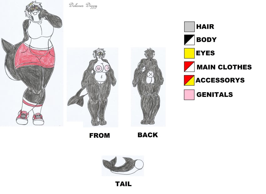 anthro big_ass big_breasts big_hips black_body black_skin chubby_female dolores_dizzy_(waifuland) female_focus furry glasses marlon64 model_sheet naked_female orca_girl original silver_hair spiky_hair traditional_drawing_(artwork) waifuland white_background white_skin yellow_eyes