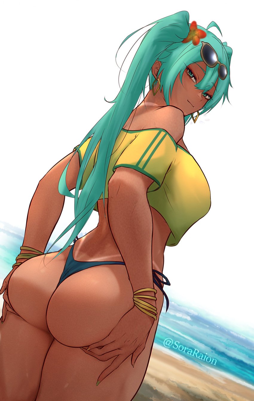 1girls ass ass_support athletic athletic_female bare_shoulders beach big_ass big_thighs bikini bikini_bottom bikini_tan blue_eyes bracelet brazil brazilian brazilian_female brazilian_miku breasts bubble_butt busty crop_top cyan_eyes cyan_hair earrings eyeshadow female female_only fit fit_female flower_in_hair hatsune_miku hourglass_figure huge_ass huge_thighs latin_american_hatsune_miku_(meme) long_fingernails long_hair looking_at_viewer looking_back makeup mascara medium_breasts outdoors outside rear_view solo sora_raion sunglasses_on_head t-shirt tagme tan tan_body tan_skin tanline thick_hips thick_thighs thighs thong_bikini turquoise_hair twintails vocaloid wide_hips