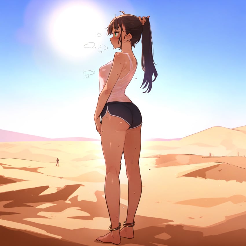 1girls ai_generated ass bare_arms bare_legs bare_thighs barefoot blush bra brown_hair desert feet full_body hot_pants hot_weather legs long_hair looking_away original original_character overheated panties ponytail sand shiny_skin shorts sideboob sun sweat sweatdrop sweating thighs topwear wet_clothes white_shirt yeyehuh