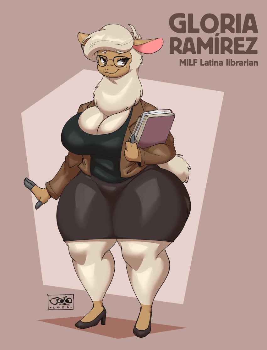 4_fingers _background anthro beauty_mark big_breasts breasts camelid clothed clothing english_text eyelashes eyewear female fingers glasses gloria_ramirez hi_res holding_object huge_breasts joaoppereiraus large_breasts llama looking_at_viewer mammal mature_anthro mature_female pupils smile text thick_thighs thigh_highs thought_bubble wearing_glasses