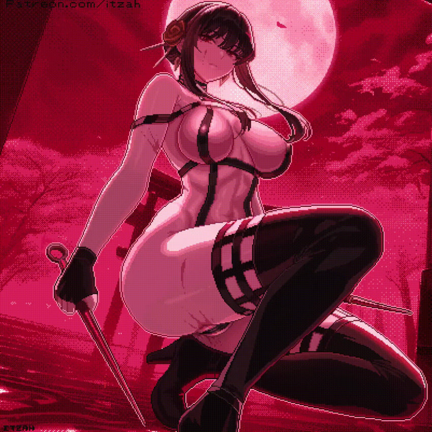 1girls animated assassin athletic_female black_hair breasts cameltoe female female_human fingerless_gloves fit_female high_heels human itzah kneeling light-skinned_female mature_female moon pale-skinned_female pasties pussy_floss red_eyes red_moon red_sky slim_waist spy_x_family thigh_boots thighhighs thorn_princess wide_hips yor_briar yor_forger