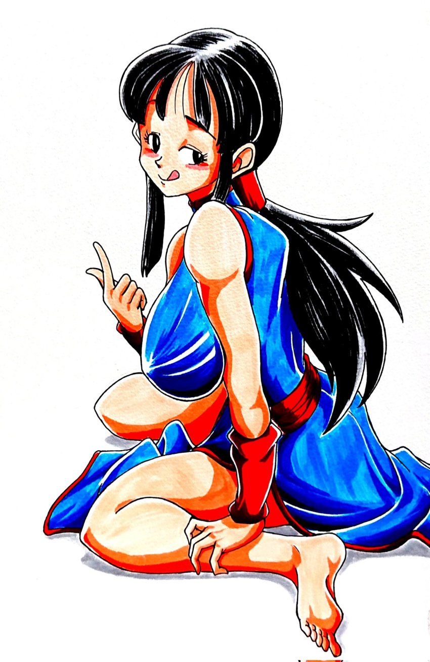 1girls 2d area5169458561 barefoot big_breasts chichi chichi_(dragon_ball) dragon_ball dragon_ball_z feet female full_color fully_clothed large_breasts licking_lips no_penetration sitting solo solo_female traditional_media_(artwork)