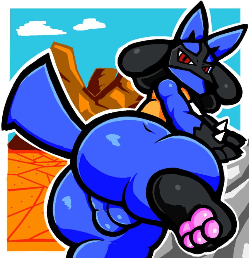 anthro ass balls big_butt blue_body blue_fur canid canine digital_media_(artwork) fur gayguyfella generation_4_pokemon genitals huge_butt looking_at_viewer looking_back lucario male mammal nintendo pawpads paws pokemon pokemon_(species) presenting simple_background solo tail thick_thighs