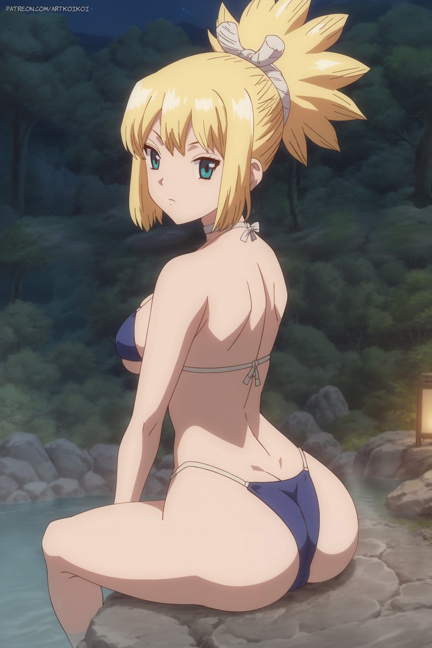 ai_generated artkoikoi ass ass_focus big_ass bikini blonde_hair blue_eyes dr.stone kohaku_(dr.stone) koikoi large_ass large_breasts ponytail