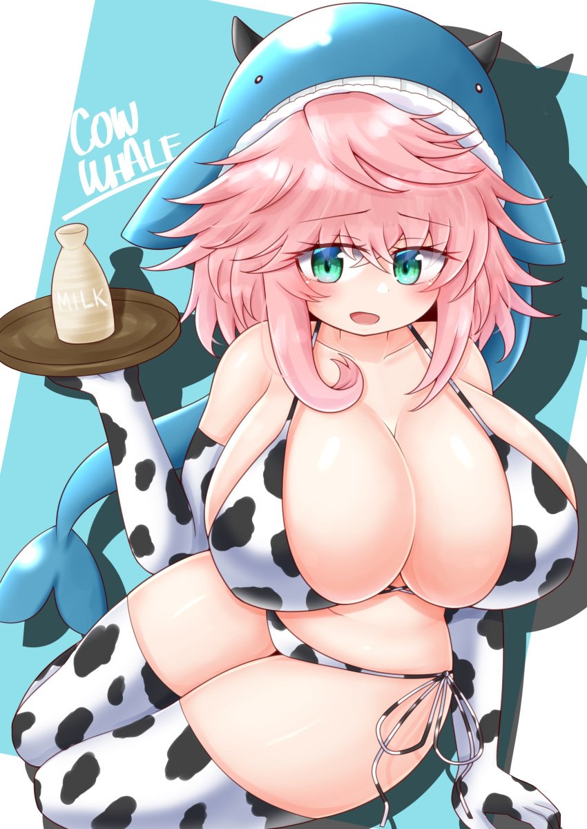 1girls aqua_eyes bad_id bad_pixiv_id blue_background blue_hat cleavage cow_print_bikini elbow_gloves huge_breasts looking_at_viewer medium_hair navel okunoda_miyoi pink_hair riru_neko solo thighhighs tokkuri touhou whale_hat