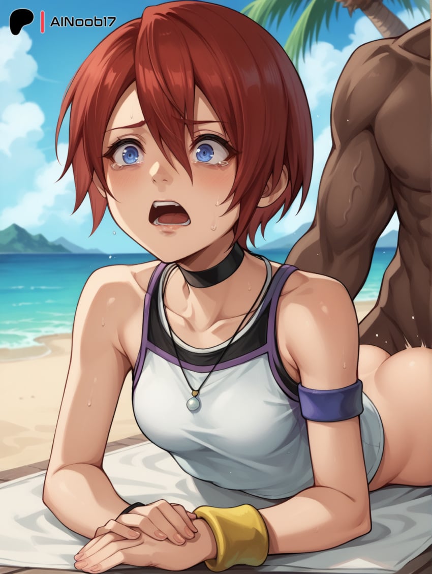 ai_generated ainoob17 ambiguous_penetration beach blue_eyes bottomless dark-skinned_male kairi kingdom_hearts on_stomach open_mouth rape red_hair tagme tears