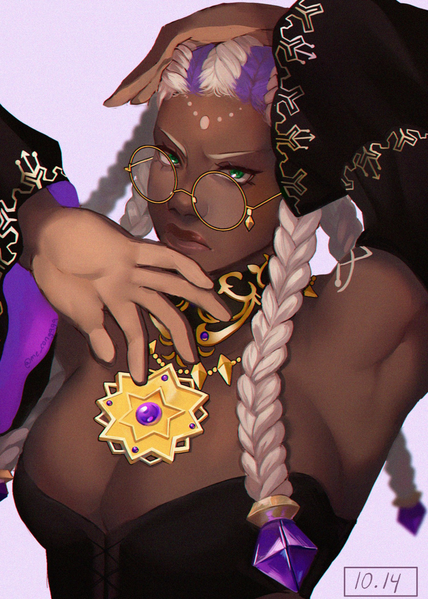 1girls big_breasts big_breasts bodypaint braid braided_hair braided_ponytail cleavage clothed dark_skin dolores_(kof) dress female glasses gold_(metal) gold_jewelry green_eyes hands_on_head jewel jewelry king_of_fighters necklace purple_hair round_glasses tied_hair two_tone_hair white_hair