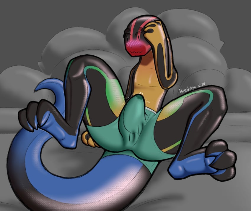 anthro big_tail blue-tailed_skink blush bodily_fluids bulge clothed clothing erection erection_under_clothing femboy feral genital_fluids glistening glistening_body hi_res kim_(pseudokym) lizard male male_only markings multicolored_body precum precum_through_clothing pseudokym reptile scale_markings scales scalie shy skink solo spread_legs spreading tail twitching underwear underwear_only wet wet_clothing