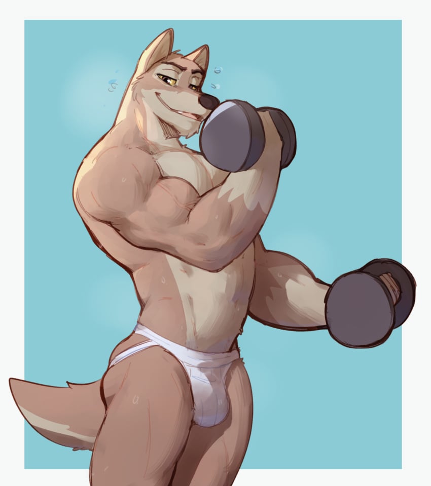 anthro ass balto balto_(series) biceps big_arms bodily_fluids brown_body brown_fur bulge canid canine canis clothed clothing domestic_dog exercise fur hi_res husky hybrid jockstrap jockstrap_only jrjresq looking_at_viewer male male_only mammal multicolored_body multicolored_fur muscular muscular_anthro muscular_male nordic_sled_dog shadow shirtless shirtless_male simple_background solo spitz sweat sweatdrop topless two_tone_body two_tone_fur underwear underwear_only universal_studios weightlifting weights wolf wolfdog workout