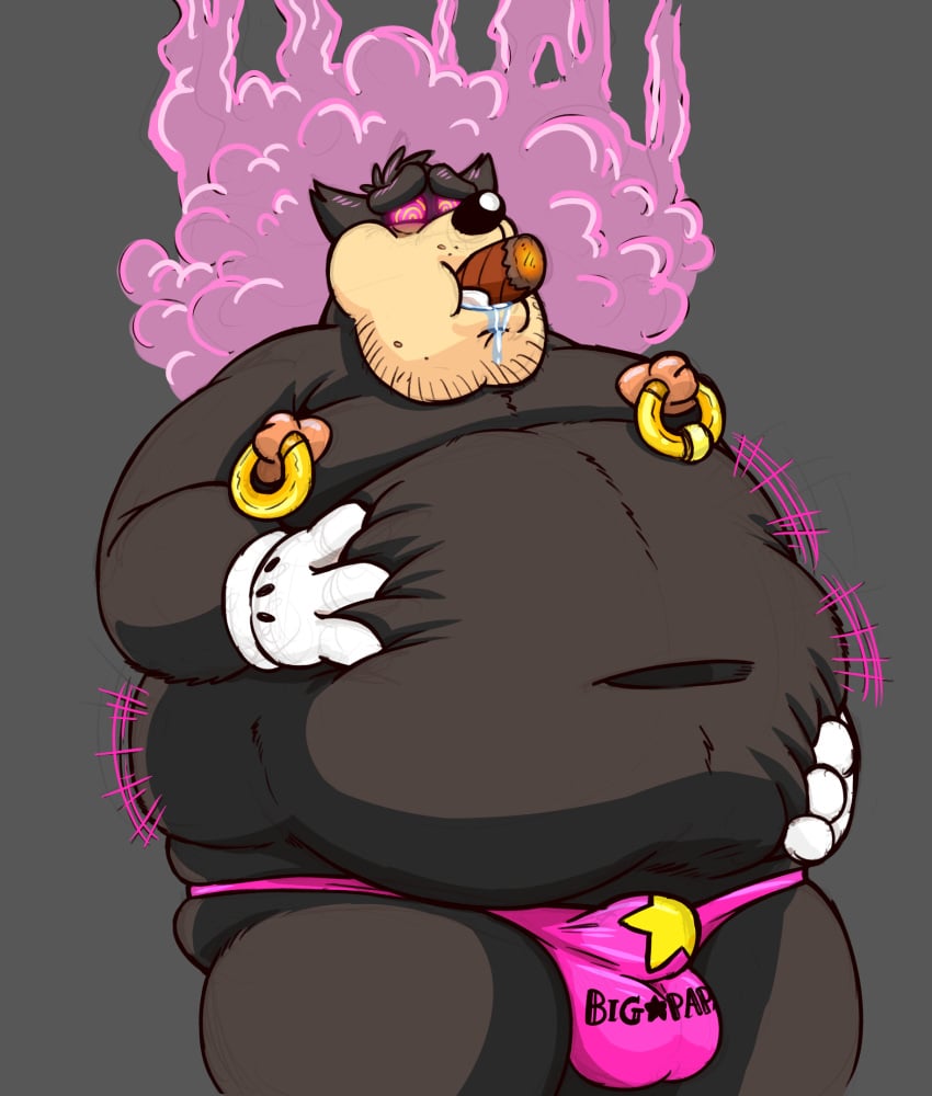 2018 anthro belly big_belly black_fur black_nose bulge cigar clothed clothing disney drooling english_text fat feline fur gloves goof_troop grey_background griz_urso hi_res hypnosis male male_only mammal mind_control navel nipple_piercing nipples obese obese_male overweight overweight_male peter_pete_sr. piercing saliva simple_background solo spiral spiral_eyes text thick_thighs topless underwear