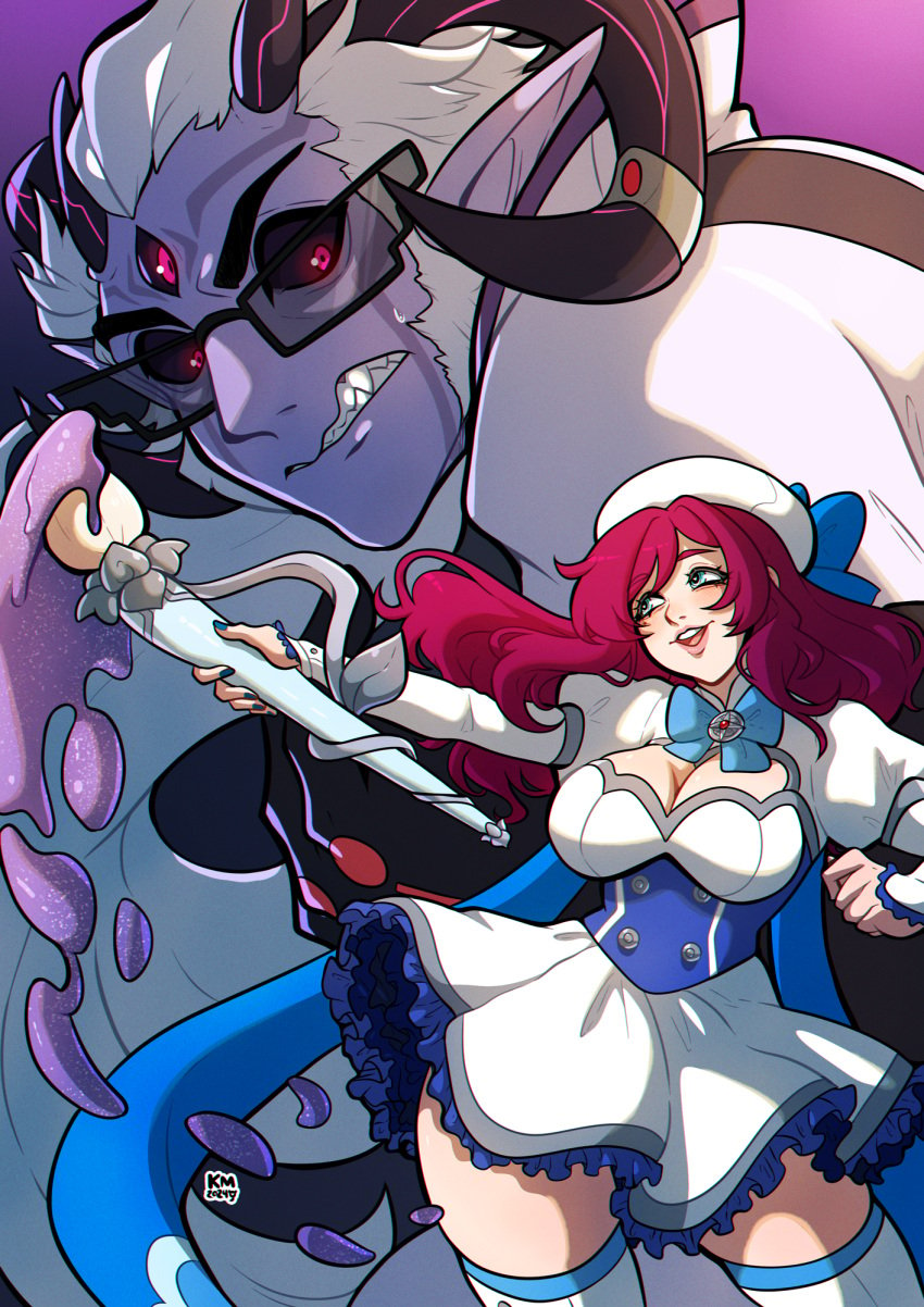 1boy 1girls 3_eyes angry_face big_breasts black_sclera blue_eyes comic_cover demon demon_boy demon_horns dress female glasses hi_res horns jacques_(kinkymation) kinkymation long_hair magic_staff magical_girl male milf miss._lucy_(kinkymation) multi_eye original original_characters pointy_ears purple_hair purple_skin red_eyes sharp_teeth smile teeth_clenched white_hair