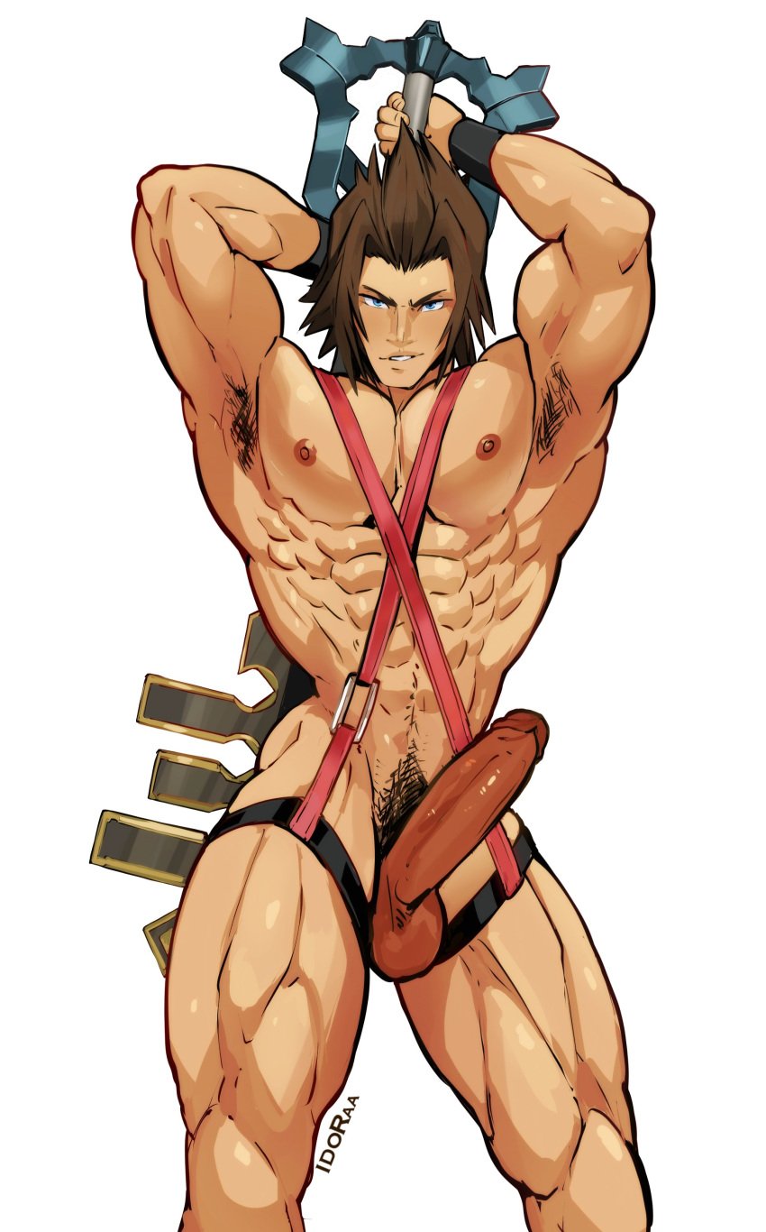 1boy abs armor brown_hair erection final_fantasy grin idoraad keyblade kingdom_hearts lilprincyvi male_focus male_only muscle pecs penis presenting solo sword terra_(kingdom_hearts) testicles underwear undressing weapon