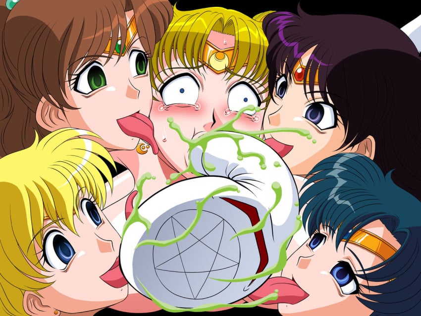 5girls ami_mizuno bishoujo_senshi_sailor_moon black_hair blonde_hair blue_hair brown_hair corruption dilated_pupils glamour_works licking licking_face makoto_kino minako_aino parasite rei_hino tears tongue_out usagi_tsukino violation