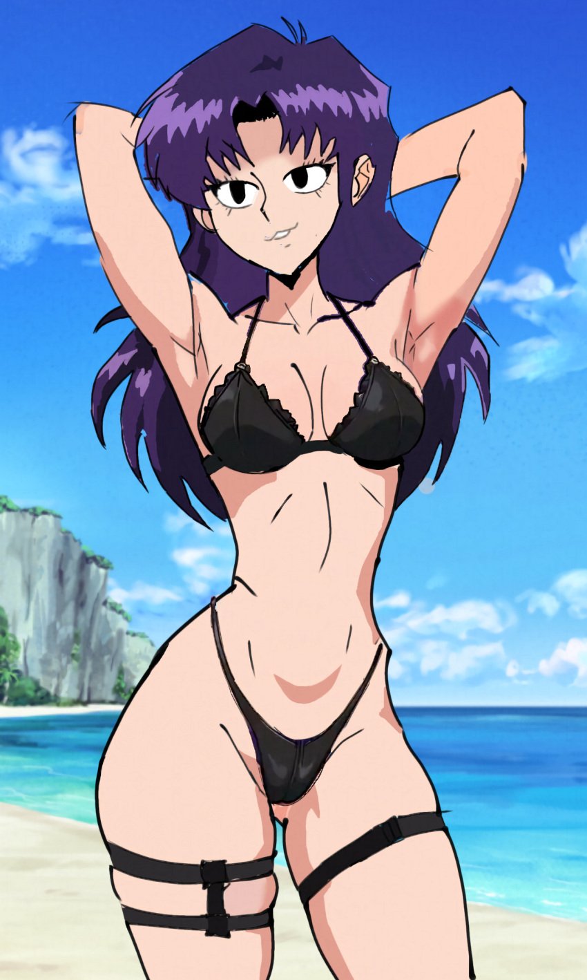 1girls arms_behind_head arms_up beach bikini black_eyes female female_only lingerie misato_katsuragi neon_genesis_evangelion purple_hair self_upload smile solo solo_female swimsuit tagme_(series)