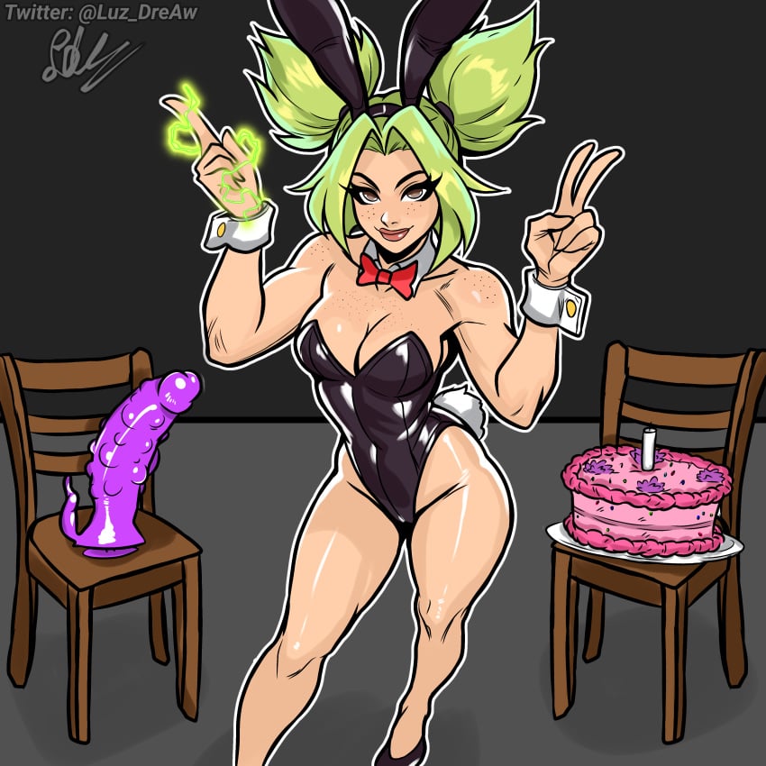 bare_legs big_dildo bunny_ears bunnysuit cake dildo female green_hair league_of_legends league_of_legends:_wild_rift luz_dreaw playboy_bunny riot_games solo zeri_(league_of_legends)