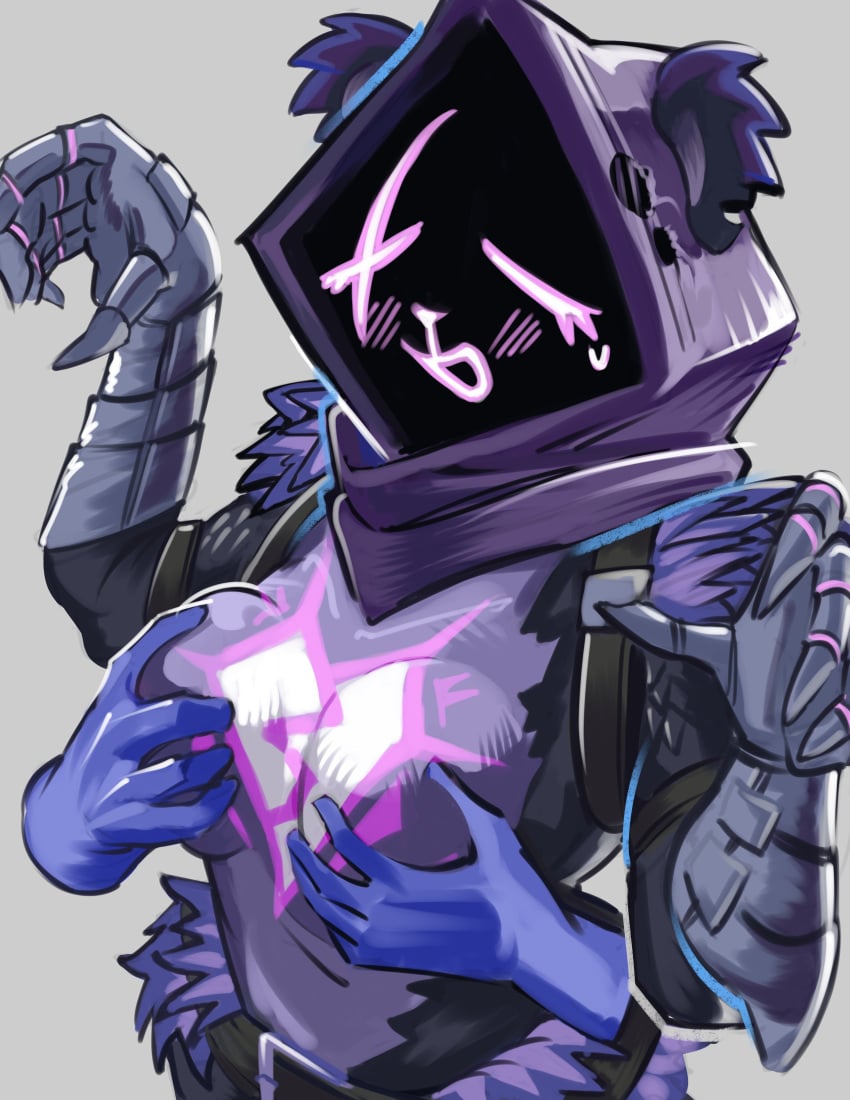 anthro_only belt blush blushing facial_scar fortnite furry groping groping_breasts groping_from_behind hood moxydrawsmore pistol pulling_clothing raven_team_leader raven_team_leader_(fortnite) scar sweat sweatdrop sweating tongue_out