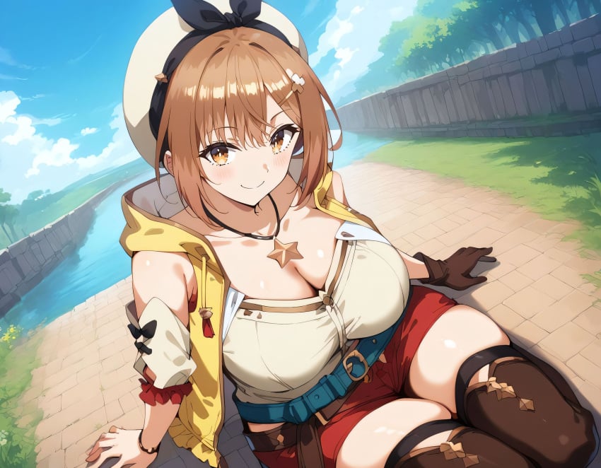 1girls ai_generated alternate_breast_size atelier_(series) atelier_ryza big_breasts bostin breasts busty cleavage curvaceous curvy curvy_body curvy_female curvy_figure female huge_breasts large_breasts outdoors reisalin_stout shorts skindentation solo sweat sweating sweaty sweaty_body sweaty_breasts thick_thighs thighhighs thighs voluptuous