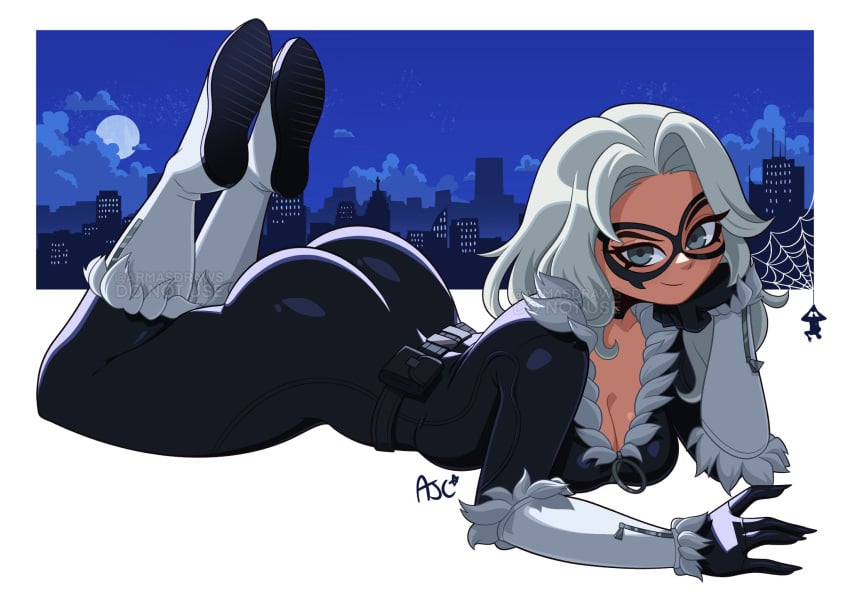 1girls armasdraws ass black_cat_(marvel) bodysuit fat_ass feet_up felicia_hardy female marvel marvel_comics spider-man_(series) superheroine tagme white_hair