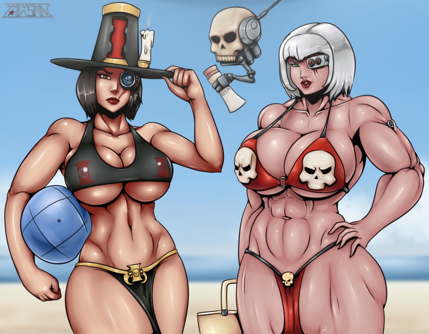 2girls abs adepta_sororitas beach huge_breasts imperium_of_man inquisition_(warhammer_40k) inquisitor_(warhammer_40k) inquisitor_greyfax muscular_female romman08 scar servo-skull sister_of_battle text warhammer_(franchise) warhammer_40k