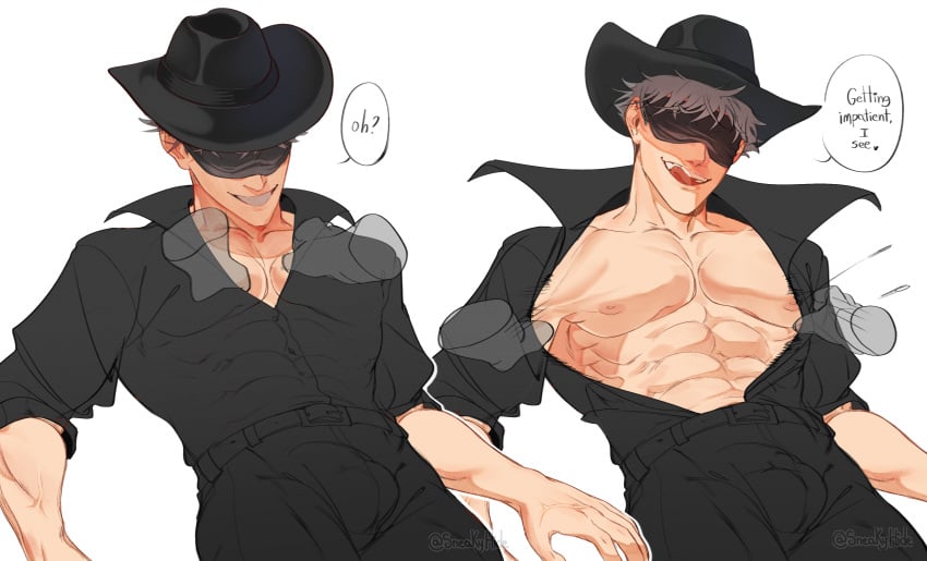 biceps big_balls big_breasts big_penis blindfold breasts cowboy cowboy_hat jjk jujutsu_kaisen male_only muscles muscular muscular_male satoru_gojo semi_nude suit white_hair