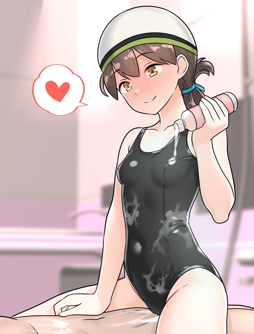 1boy absurdres black_one-piece_swimsuit blue_ribbon blush breasts brown_eyes brown_hair closed_mouth cowgirl_position female folded_ponytail furaggu_(frag_0416) hair_ribbon heart highres kantai_collection kasuga_maru_(kancolle) kasuga_maru_(swimsuit_mode)_(kancolle) long_hair lotion one-piece_swimsuit ribbon school_swimsuit small_breasts smile solo_focus spoken_heart straight swimsuit taiyou_(kancolle)